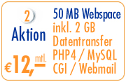 50 MB Webspace, inkl. 2GB Datentransfer, PHP4, MySQL, CGI, Webmail